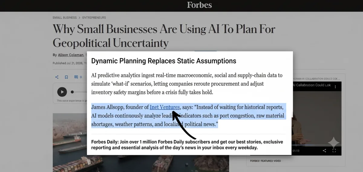 Forbes article quoting James Allsopp, founder of iNet Ventures, on AI predictive models